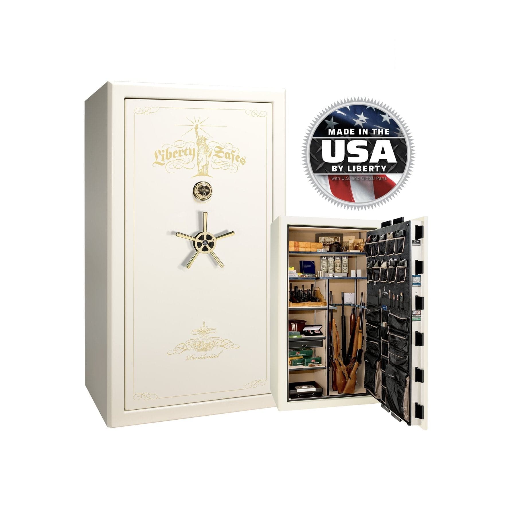 Liberty Presidential 50 Gun Safe - Maximum Security and Fire Protection - Gun Safe - Gloss White / Brass / Beige Velour