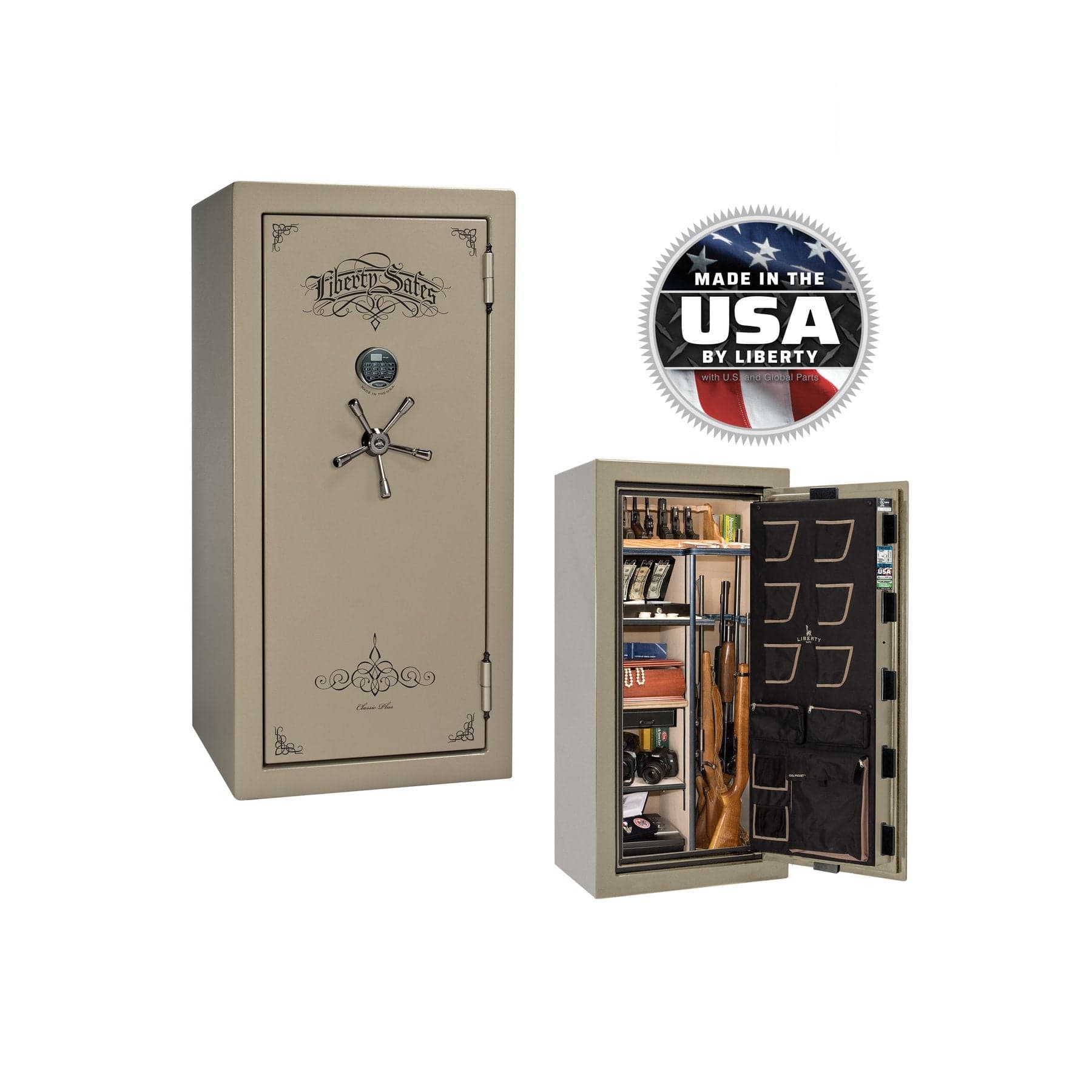 National Classic Plus 25 Gun Safe – High - Security Fire &amp; Theft Protection - Gun Safe - Marble Champagne / Black Chrome / Beige Velour