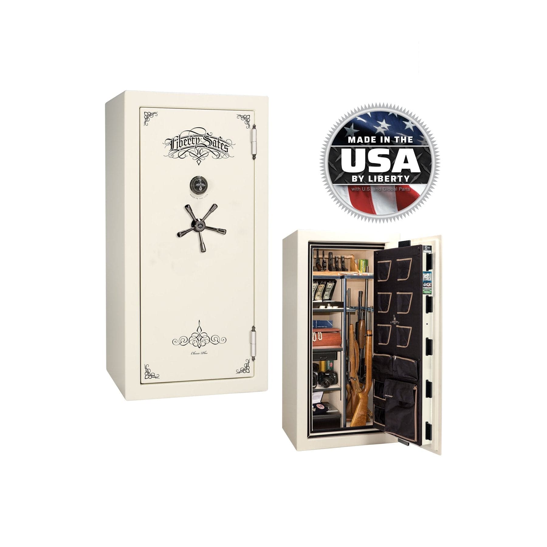 National Classic Plus 25 Gun Safe – High - Security Fire &amp; Theft Protection - Gun Safe - Marble White / Black Chrome / Beige Velour