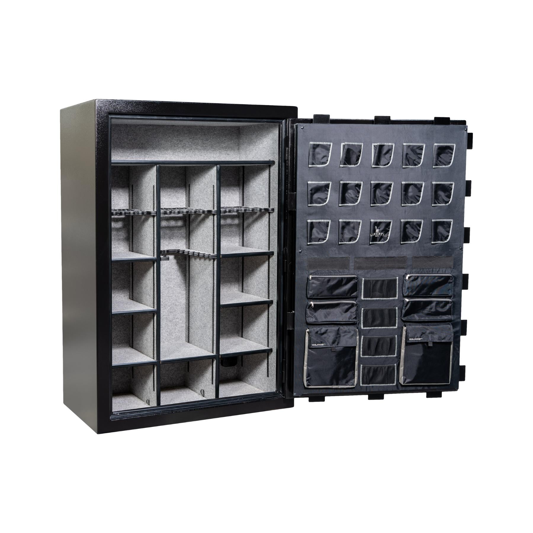 Open Liberty Collector safe textured black finish showing adjustable shelves – Heavy Metal Gun Safes New Braunfels Texas